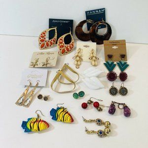 Lot of 17 Pairs Vintage to Now Gold Tone Pierced Earrings Rhinestone Wooden Fish